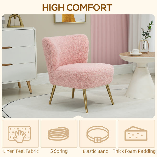 Living room armchair with soft padding and gold legs, pink