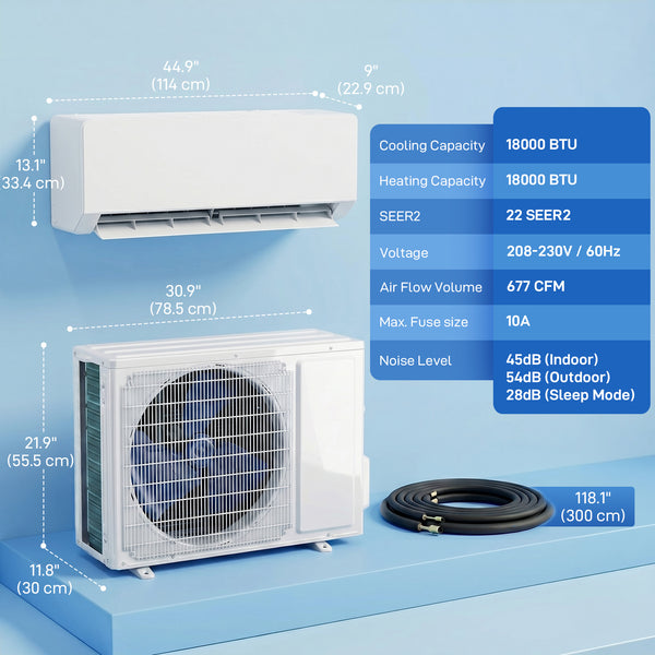 18000 BTU, 22 SEER2, 230V, Wi-Fi Compatible Split Air Conditioner with Heat Pump and Inverter, Cools up to 1250 Sq Ft.