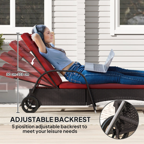 Chaise longue with headrest, 5-level adjustable, backrest, casters, deep coffee and wine red