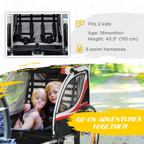 2-seater bicycle trailer with handbrake, 5-point harness, red