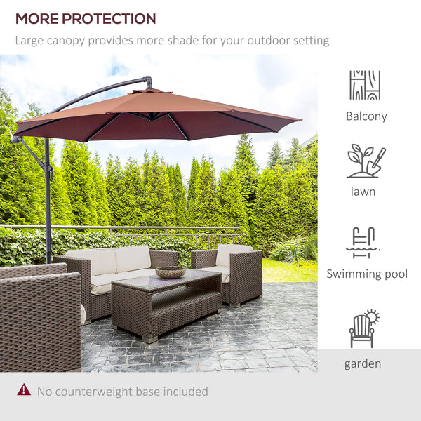 Parasol de terrasse Deluxe 3 m déporté suspendu avec manivelle, base en croix, couleur café