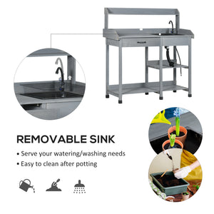 Potting table with drawer, removable sink and hooks, grey