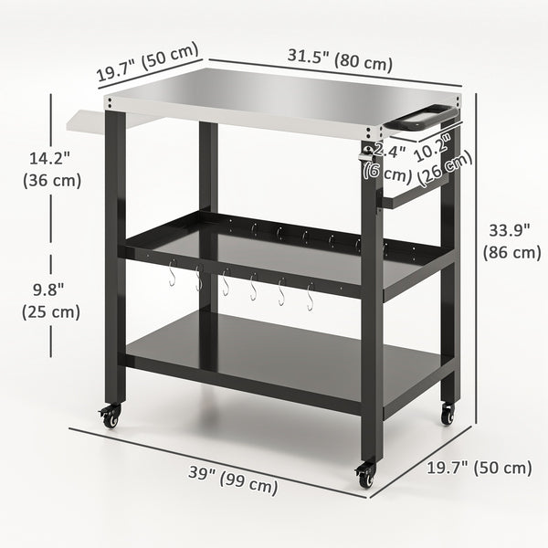 Outdoor Kitchen Bar Cart BBQ Table with Wheels, Stainless Steel Pizza Oven Stand, Movable Prep Table with Hooks