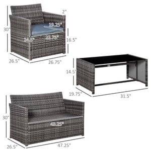 4-piece resin wicker furniture set with glass coffee table, grey