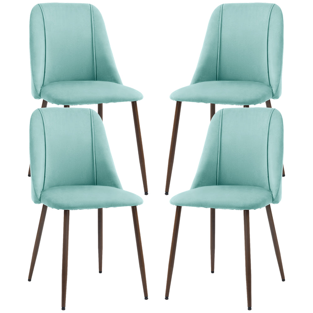 Set of 4 velvet upholstered chairs with steel backrest and legs, light green
