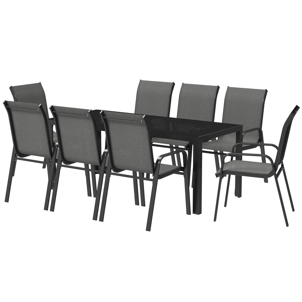 9-Piece Dining Set with Stacking Chairs and Glass Top, Grey