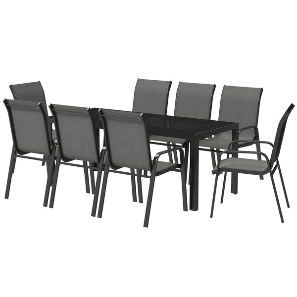 9-Piece Dining Set with Stacking Chairs and Glass Top, Grey