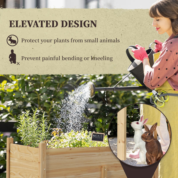 Raised wooden planter with drainage holes for vegetables, natural