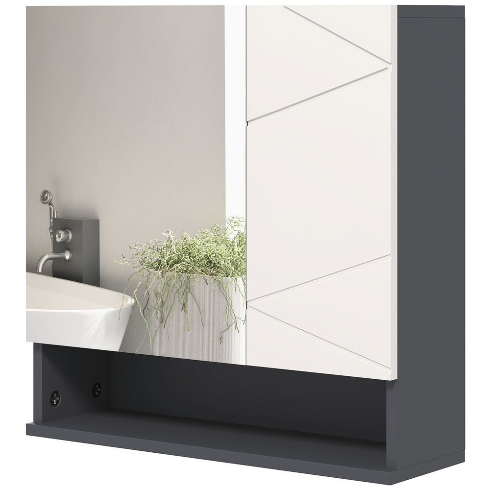 Wall-mounted bathroom cabinet with mirror, adjustable shelf, and soft-close mechanism, light gray