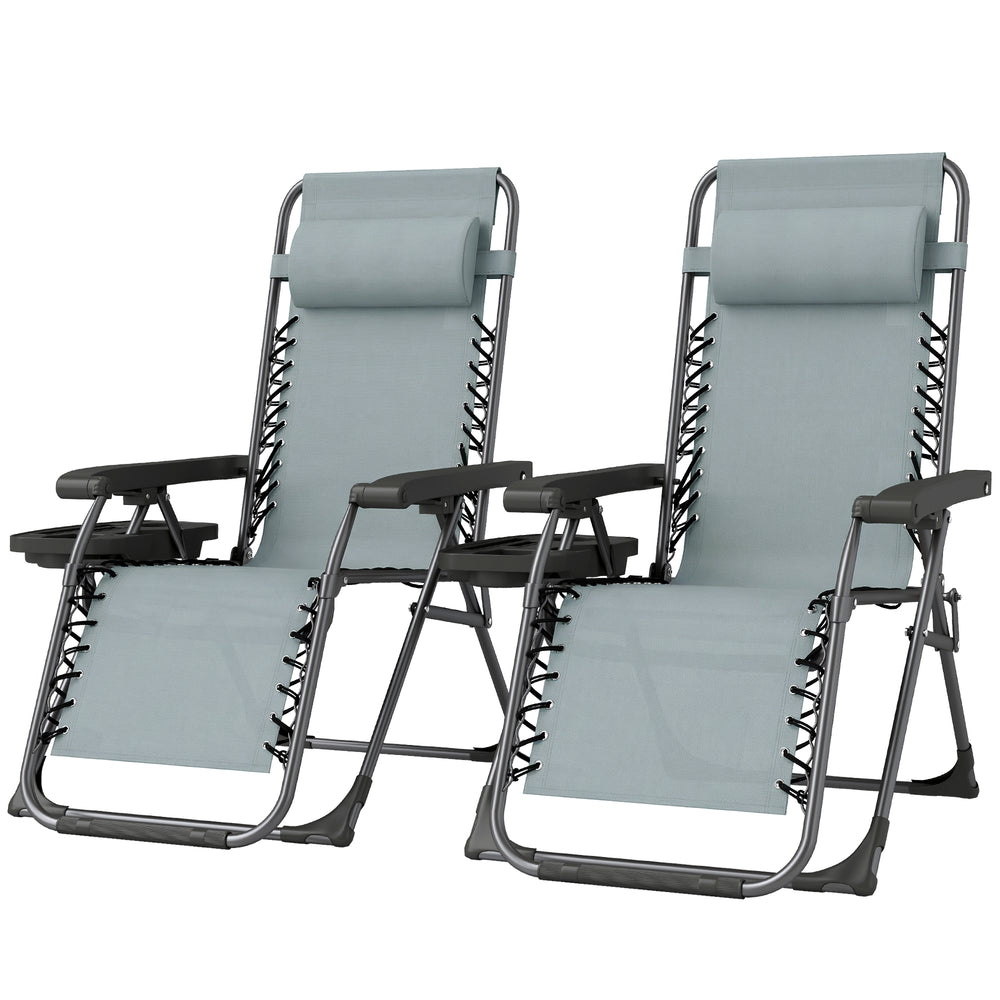 Set of 2 Zero Gravity Outdoor Lounge Chairs, Folding and Reclining, with Cup Holder and Headrest, Light Grey