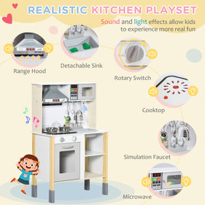 Wooden children's kitchen with realistic lights and sounds, microwave, extractor fan, white
