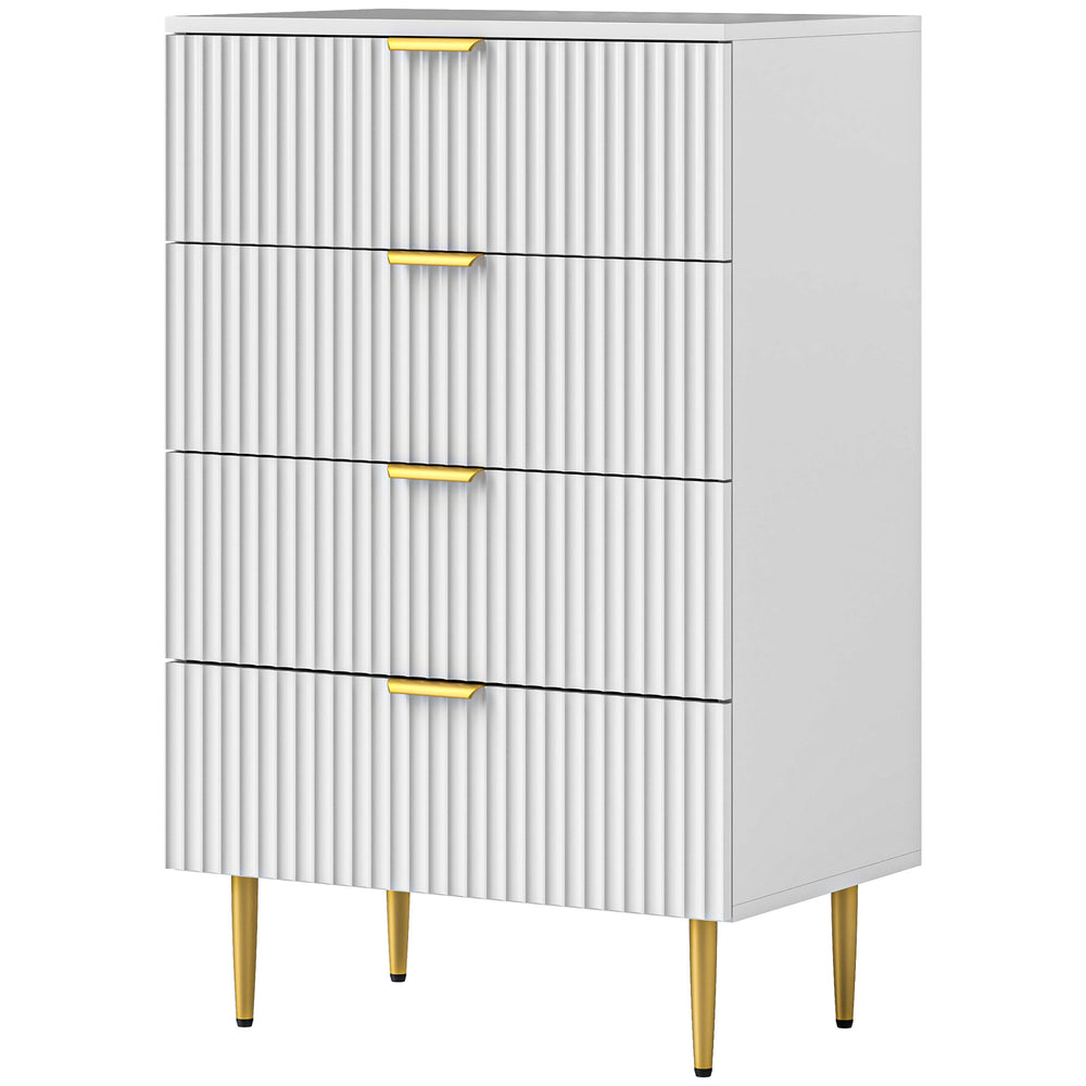 Modern 4-drawer chest of drawers with gold legs and handles, white