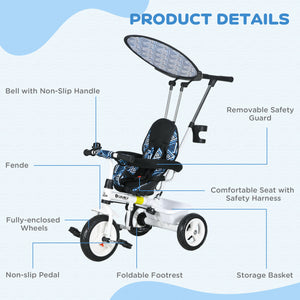 6 in 1 Kids Tricycle with Removable Handlebar and Canopy, Blue