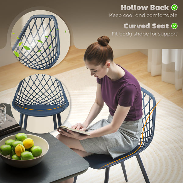 Set of 4 plastic chairs with hollow backrest and metal legs, blue