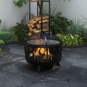 Metal wood-burning fireplace with lid and handles for a poker, black