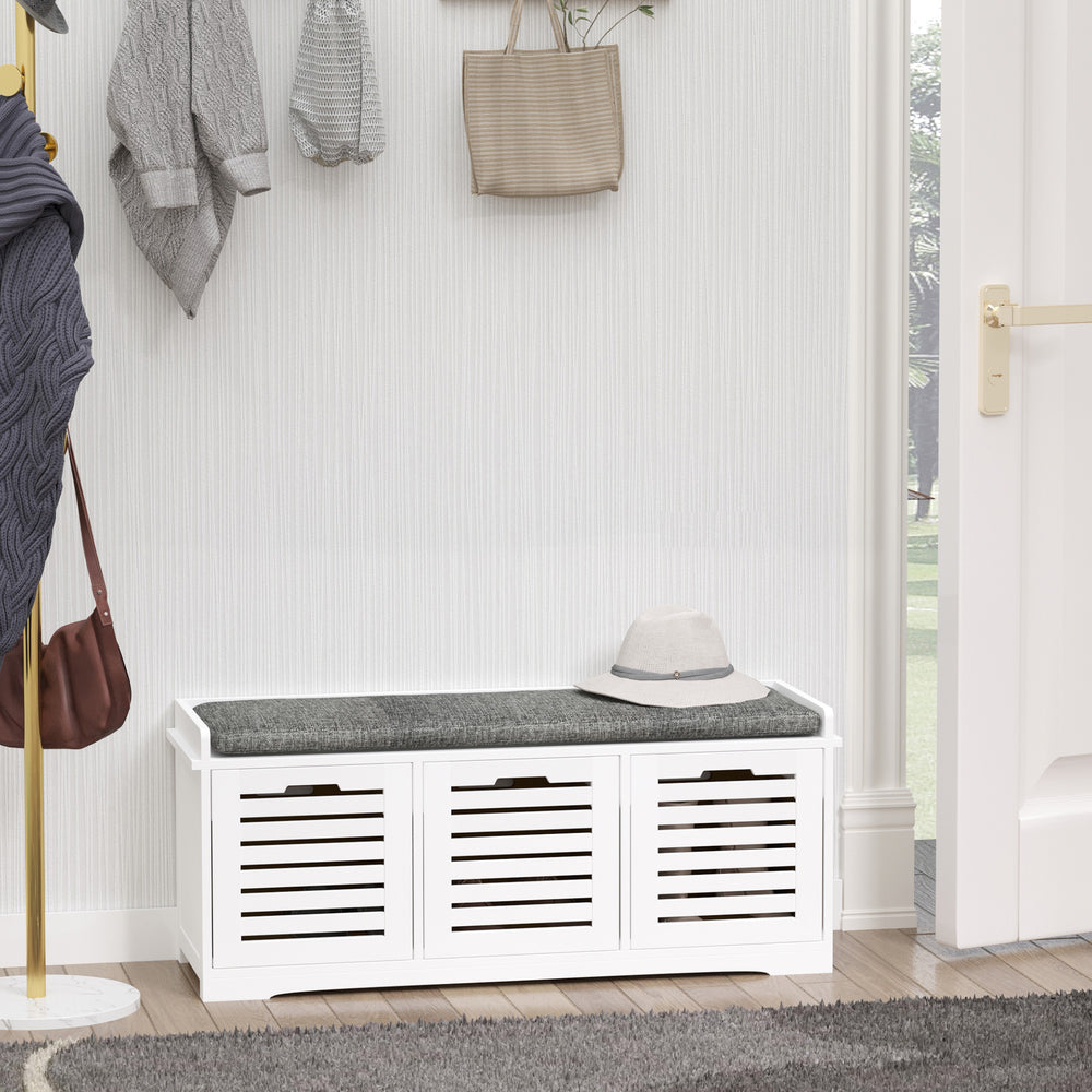 Padded storage bench with cushion and 3 drawers, white