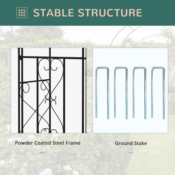 Metal garden arch with gate, trellis for climbing plants, black