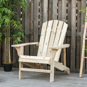 Chaise d’extérieur en bois de style Adirondack/Muskoka avec dossier et assise à lattes, finition naturelle, parfaite pour jardin, patio ou terrasse.