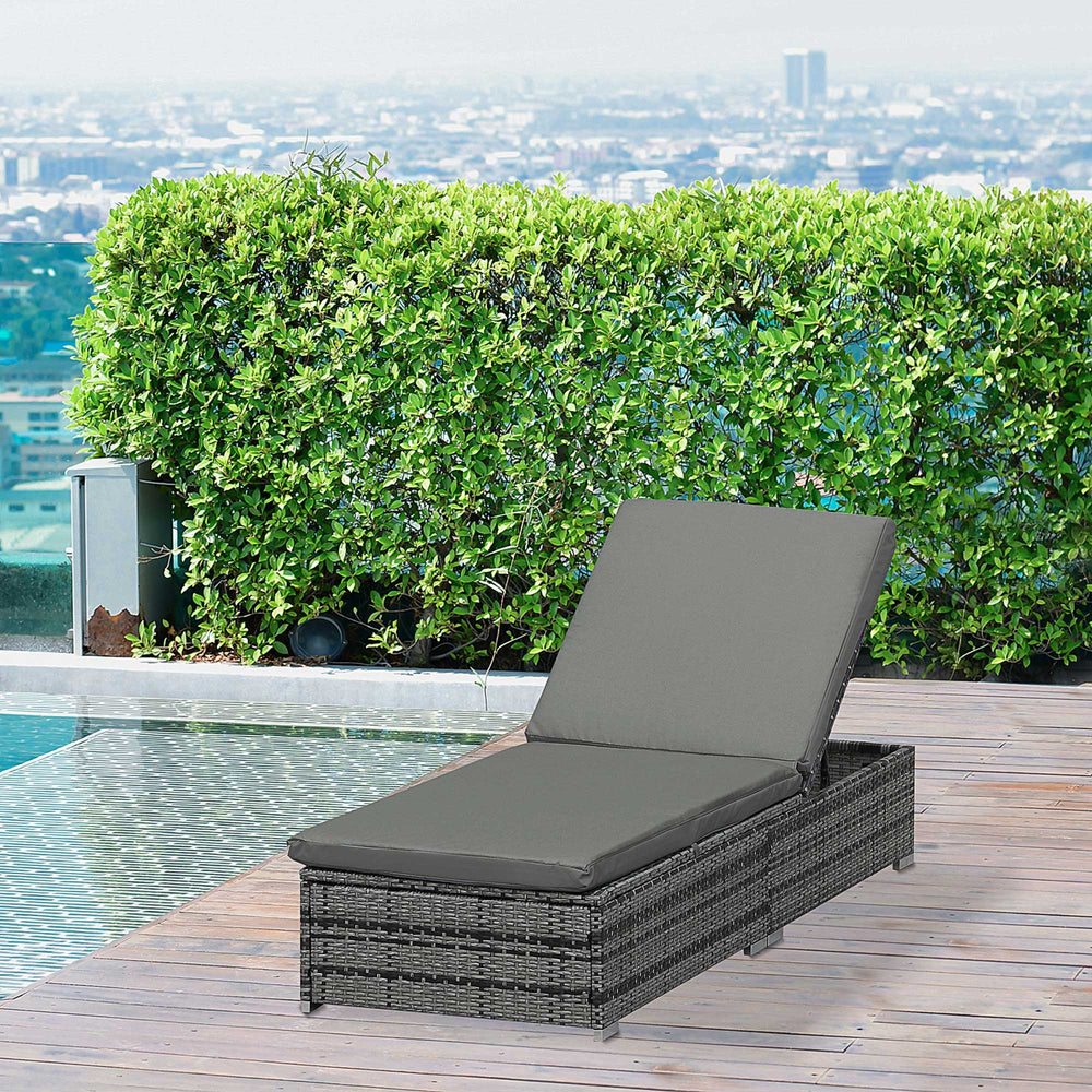 Chaise longue de patio gris mélangé avec dossier réglable sur 5 positions et coussin rembourré pour un confort optimal