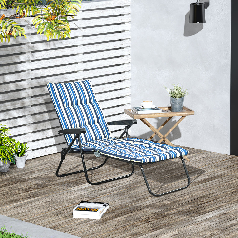 Chaise longue de jardin bleu et blanc avec dossier ajustable en 6 positions, idéale pour se détendre en plein air