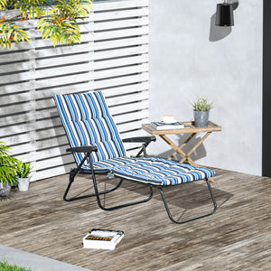 Chaise longue de jardin bleu et blanc avec dossier ajustable en 6 positions, idéale pour se détendre en plein air