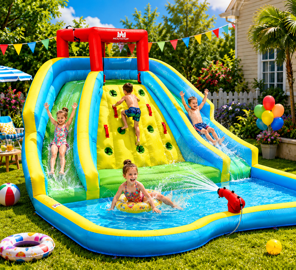 Inflatable water park castle with double slide and climbing wall with 735W blower