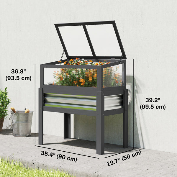 Jardinière surélevée avec dessus de serre relevable, bac à plantes surélevé en bois avec pieds et doublure, gris