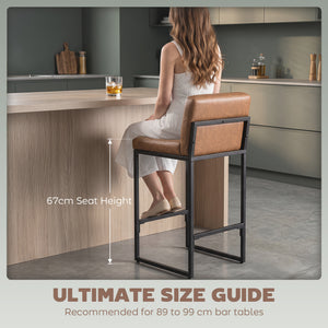 Set of 2 faux leather bar stools with curved backrest and footrest, brown