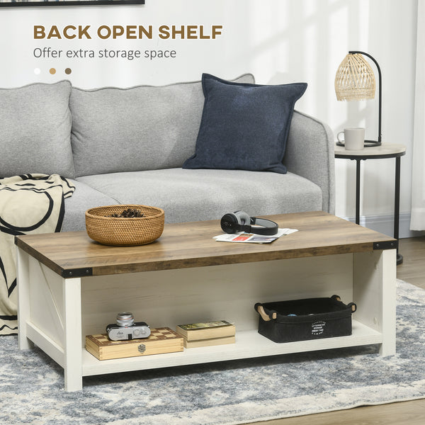 Industrial coffee table with drawer and storage shelf, white and wood effect