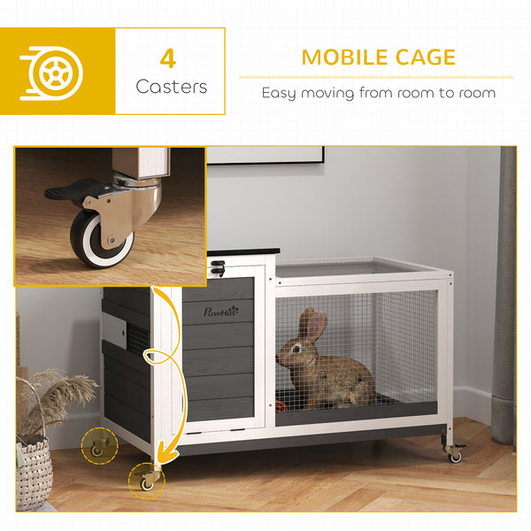 Wooden hutch with removable tray and asphalt lift-up roof, grey
