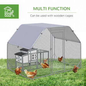 Galvanized metal chicken coop with flat roof and tarp