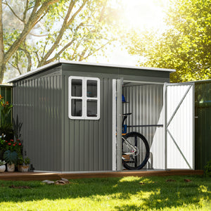 Galvanized steel garden shed with window, wide lockable doors and ventilation, grey