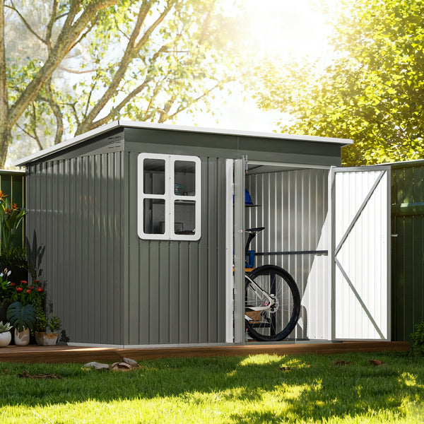 Galvanized steel garden shed with window, wide lockable doors and ventilation, grey