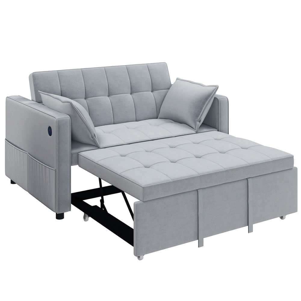 3-in-1 convertible sofa bed with USB port, adjustable backrest and side pockets, light grey.