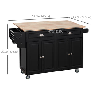 Rolling kitchen island with drop leaf, rubberwood top and adjustable shelves, black