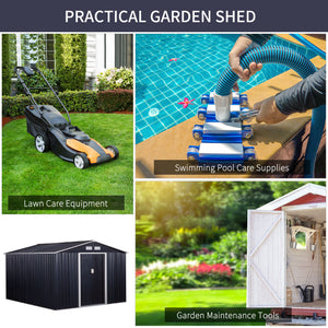 Metal garden shed with double sliding doors and 4 vents, dark grey