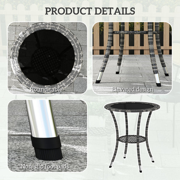 Outdoor rattan dining table with 2-tier storage shelf, grey