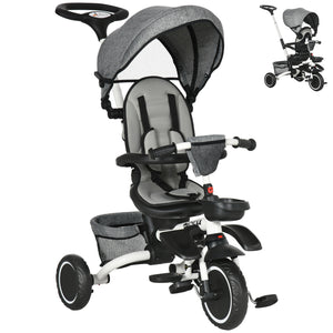 6-in-1 Folding Tricycle with Adjustable Seat, Safety Harness, Removable Canopy, Grey