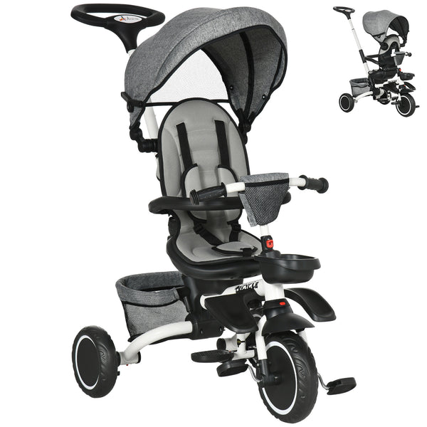 6-in-1 Folding Tricycle with Adjustable Seat, Safety Harness, Removable Canopy, Grey