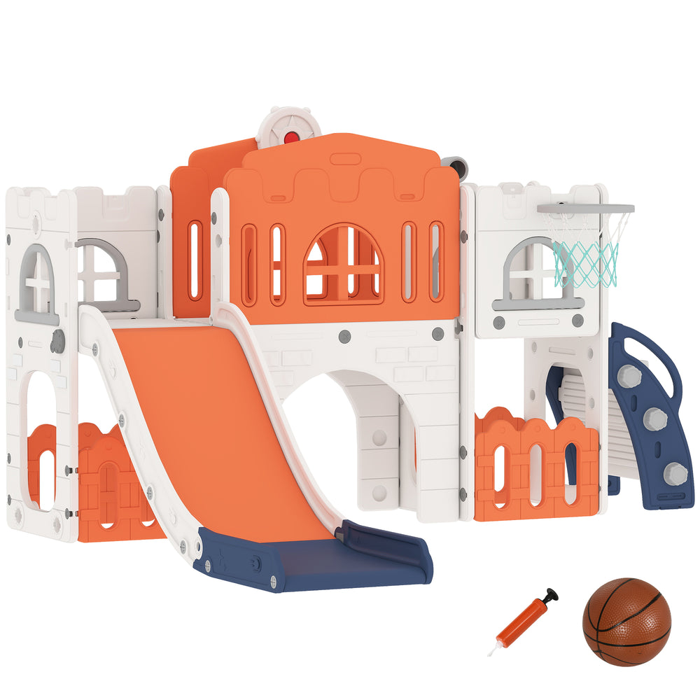 7-in-1 Toddler Slide with Basketball Hoop, Climbing Structure, Telescope, Tunnel and Flying Machine