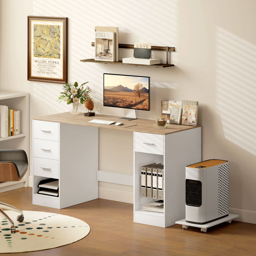 Desk with 4 reversible drawers and mobile PC stand, white