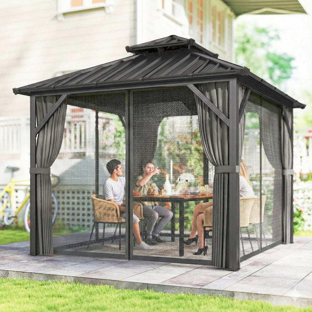 10' x 10' rigid roof gazebo with double galvanized steel roof, aluminum frame, dark grey