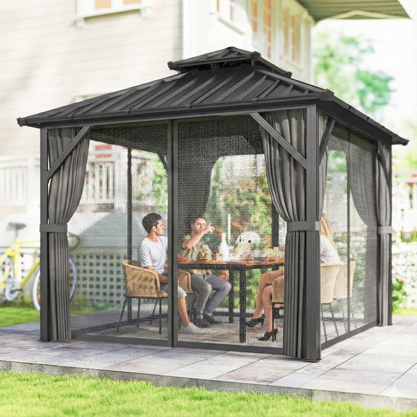10' x 10' rigid roof gazebo with double galvanized steel roof, aluminum frame, dark grey