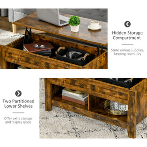 Lift-top coffee table with hidden storage compartment and open shelves, brown