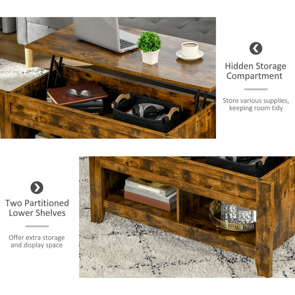 Lift-top coffee table with hidden storage compartment and open shelves, brown