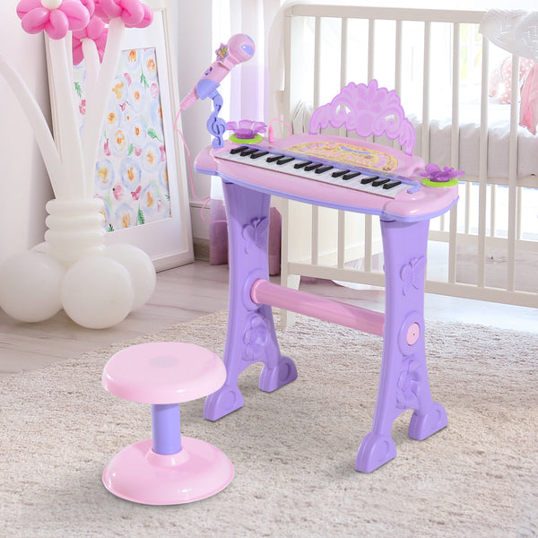 Electronic piano with microphone and stool pink/purple