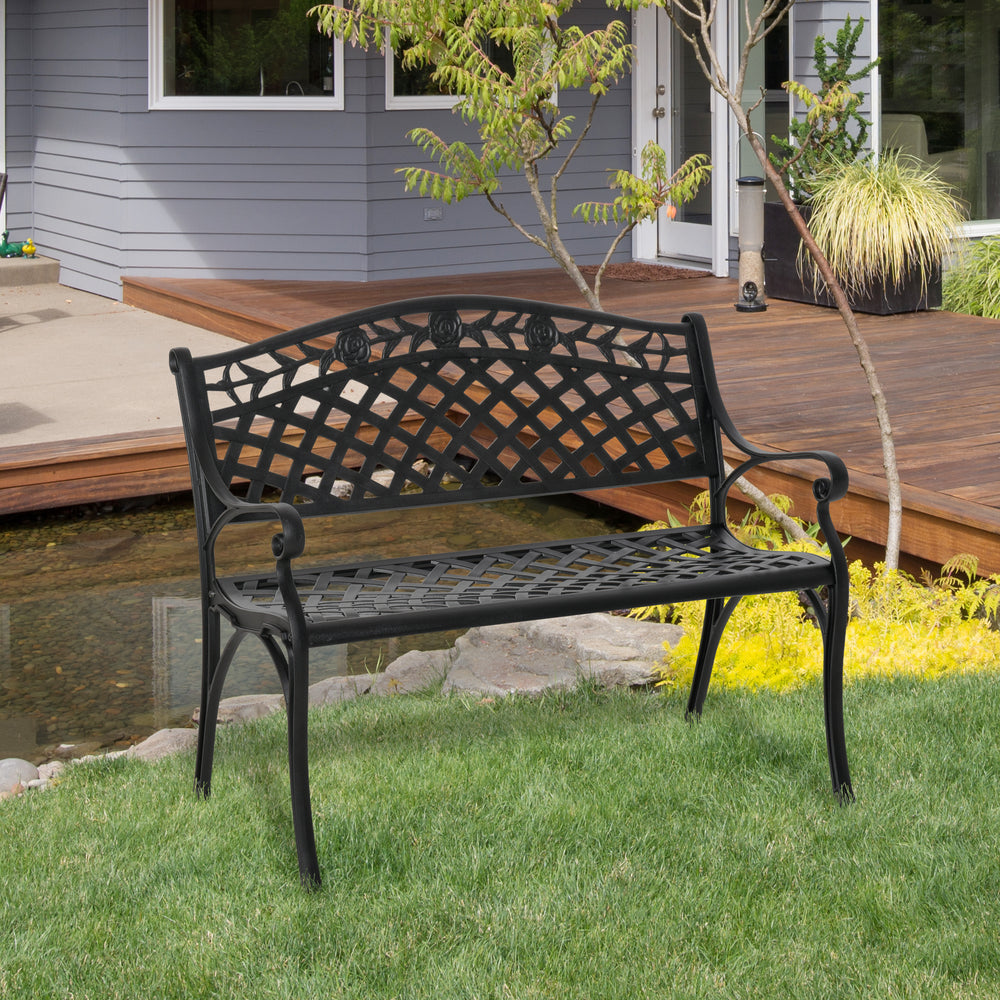 Outdoor garden bench with aluminum frame and armrests