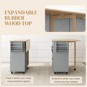 Kitchen trolley on wheels with flap, 3 drawers, solid wood top and towel rail