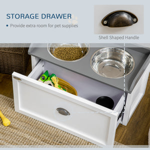 Elevated dog bowls with storage, white