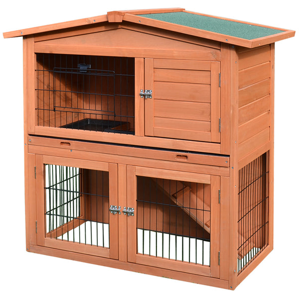 2-Tier Rabbit Hutch for Rabbits, Guinea Pigs, Ferrets with Ramp and Sliding Tray
